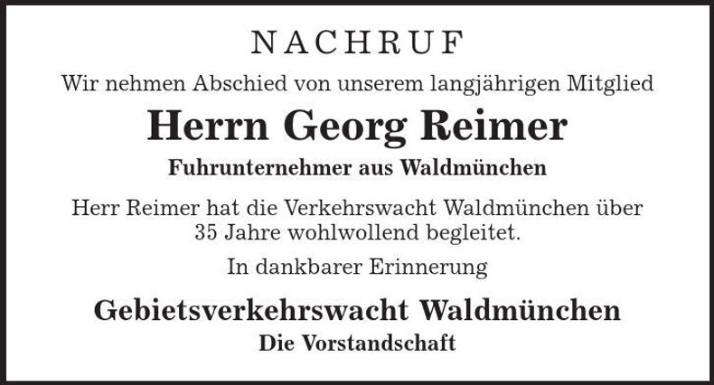 Traueranzeige Georg Reimer