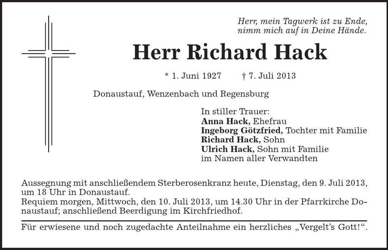 Traueranzeige Richard Hack