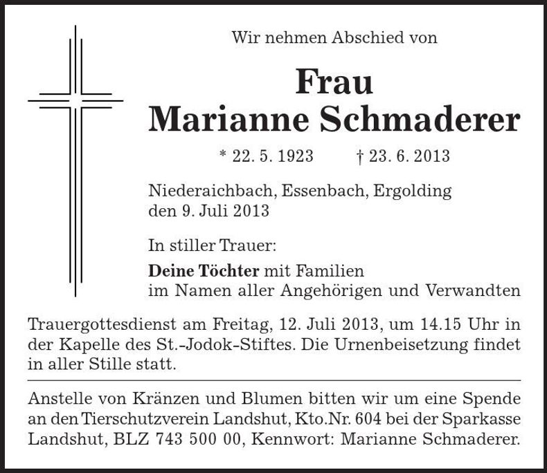 Traueranzeige Marianne Schmaderer