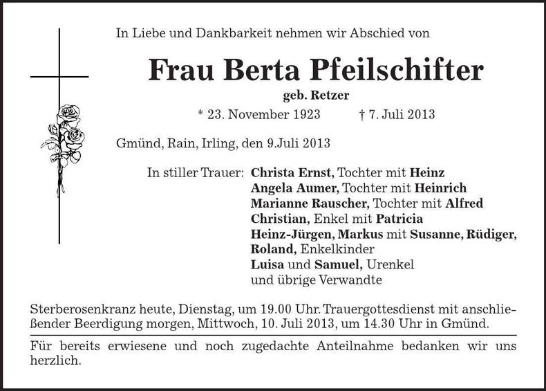 Traueranzeige Berta Pfeilschifter