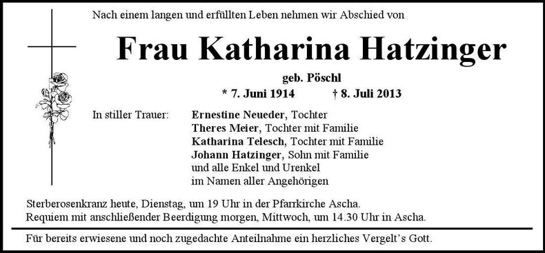 Traueranzeige Katharina Hatzinger