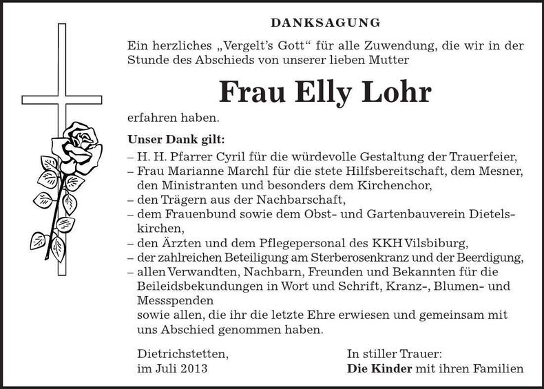 Traueranzeige Elly Lohr