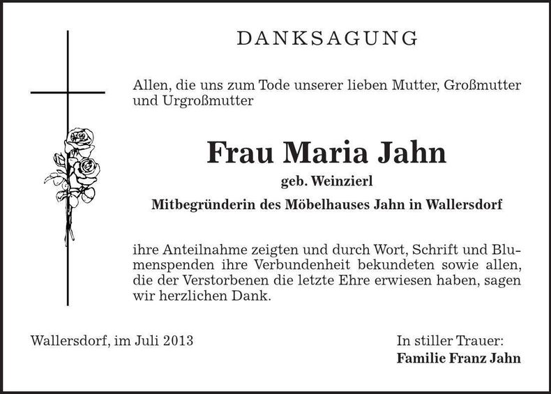 Traueranzeige Maria Jahn