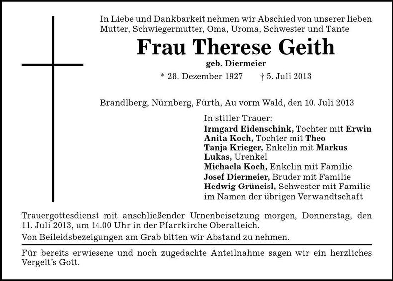 Traueranzeige Therese Geith