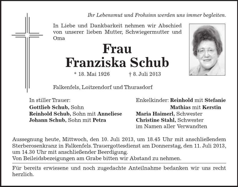 Traueranzeige Franziska Schub