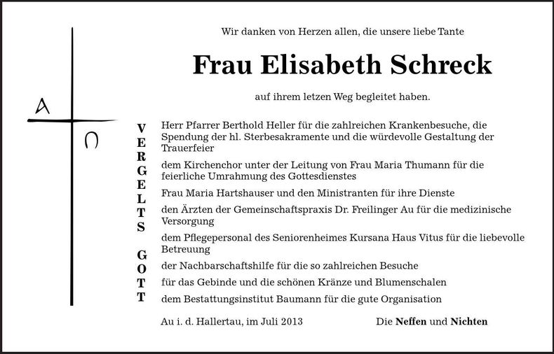 Traueranzeige Elisabeth Schreck