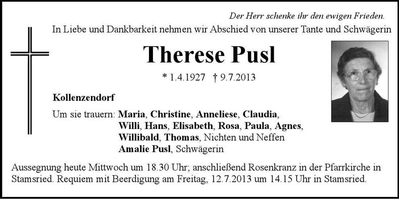 Traueranzeige Therese Pusl
