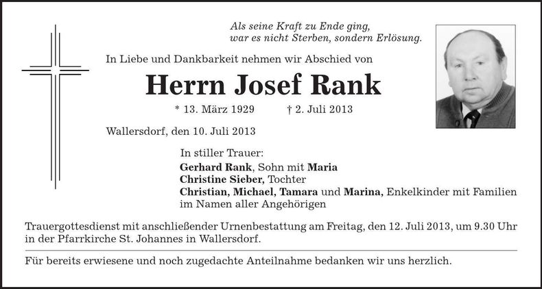 Traueranzeige Josef Rank