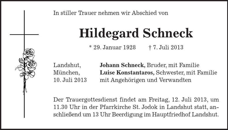 Traueranzeige Hildegard Schneck
