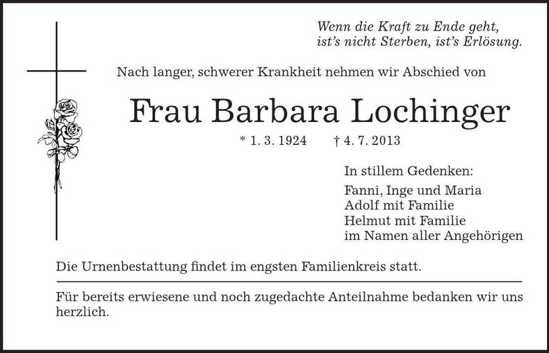 Traueranzeige Barbara Lochinger