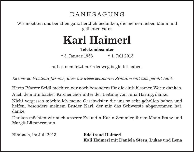 Traueranzeige Karl Haimerl