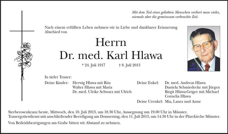 Traueranzeige Hlawa Dr. Karl