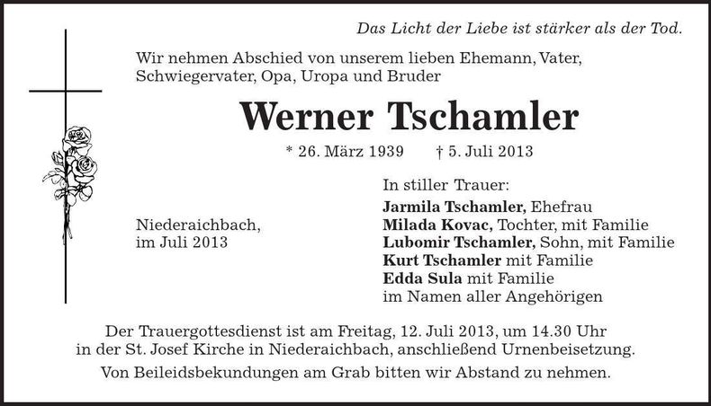 Traueranzeige Werner Tschamler