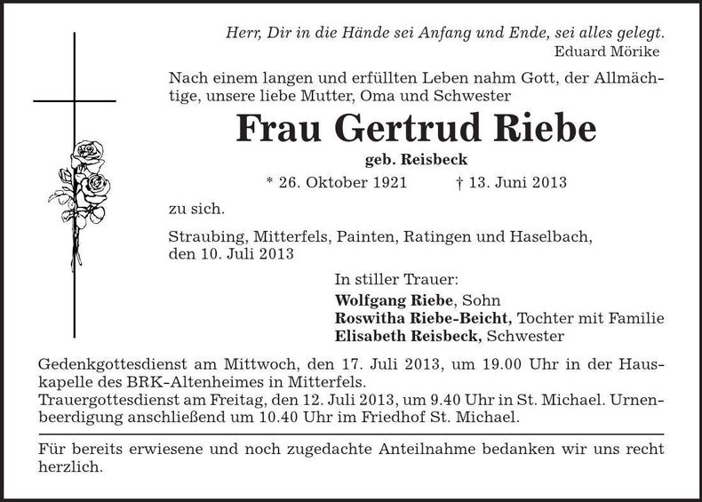 Traueranzeige Gertrud Riebe
