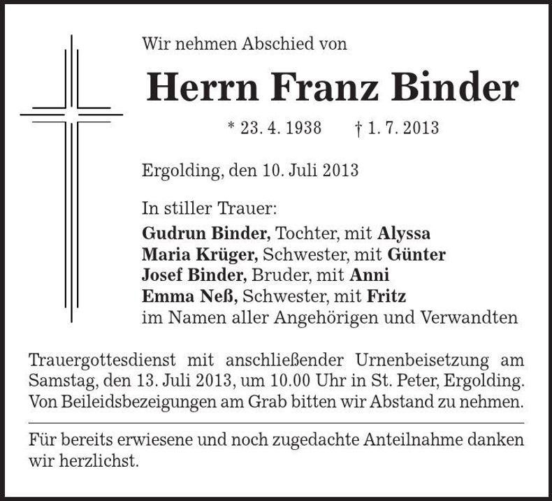Traueranzeige Franz Binder