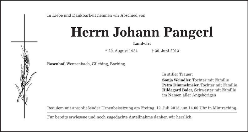 Traueranzeige Johann Pangerl