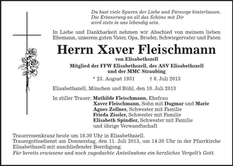 Traueranzeige Xaver Fleischmann