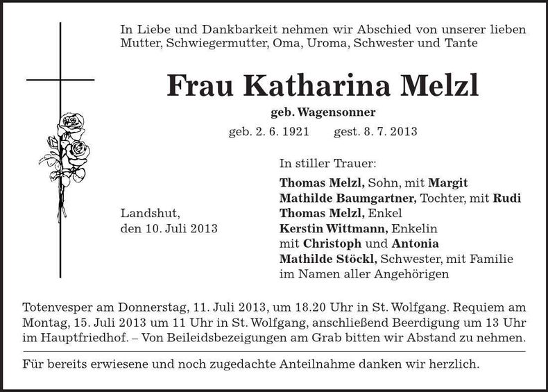 Traueranzeige Katharina Melzl
