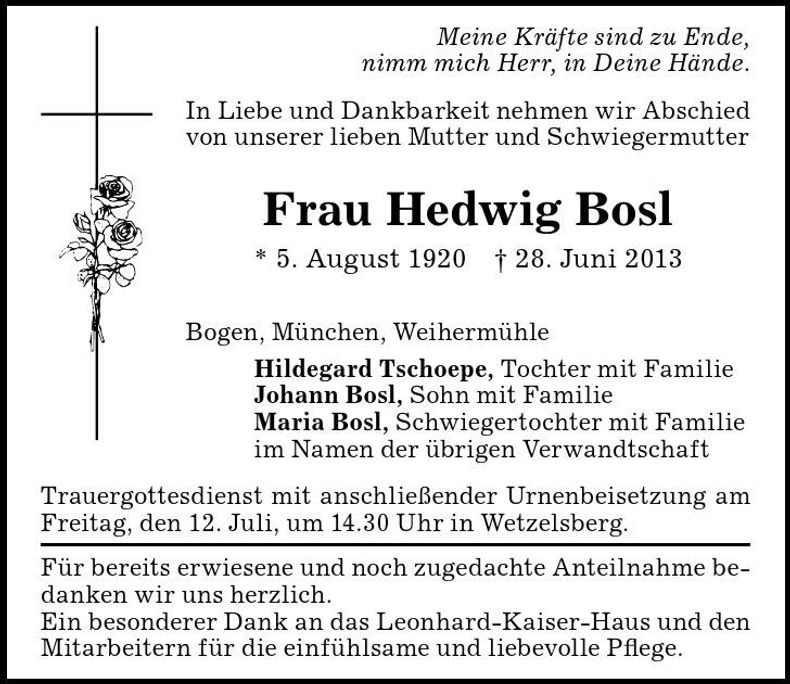 Traueranzeige Hedwig Bosl