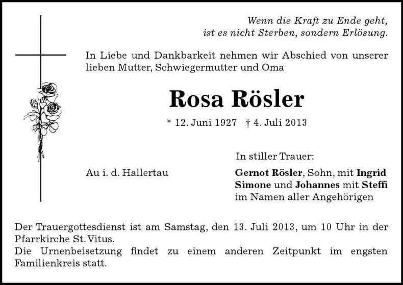 Traueranzeige Rosa Rösler