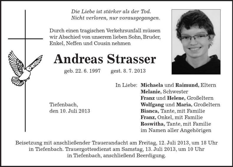 Traueranzeige Andreas Strasser