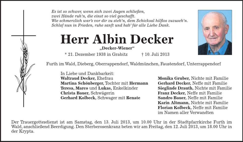 Traueranzeige Albin Decker