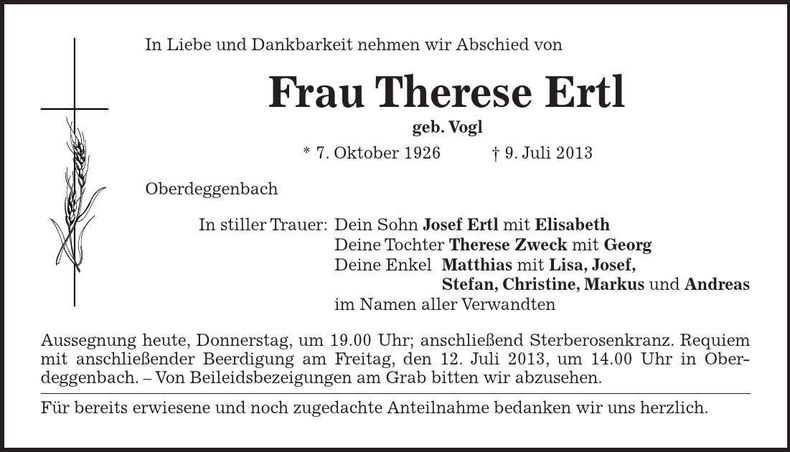 Traueranzeige Therese Ertl
