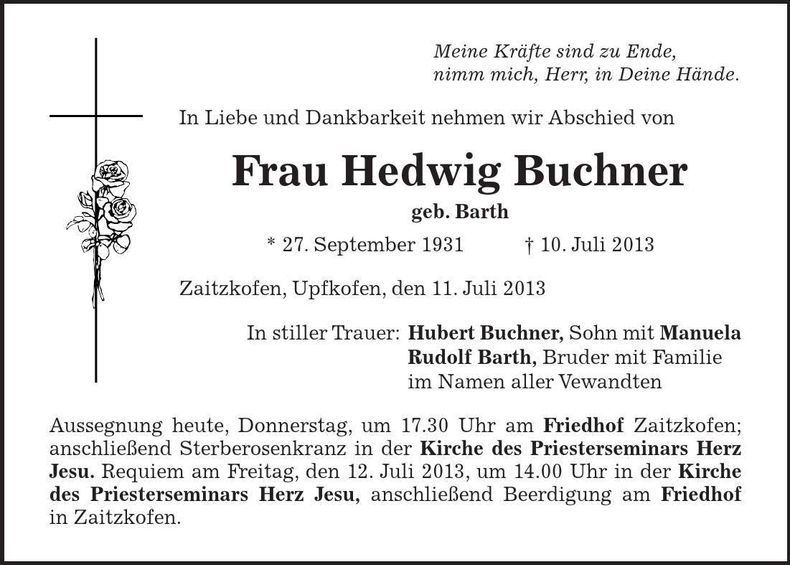 Traueranzeige Hedwig Buchner