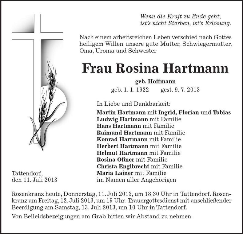 Traueranzeige Rosina Hartmann