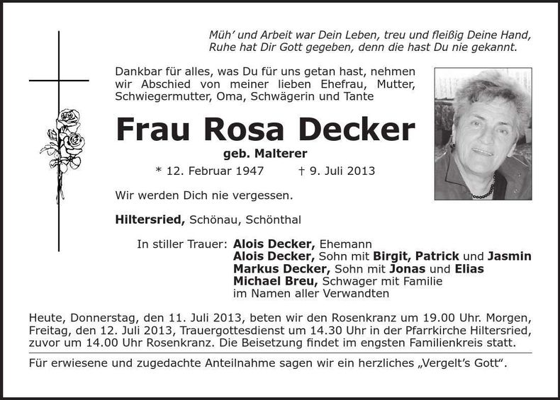 Traueranzeige Rosa Decker
