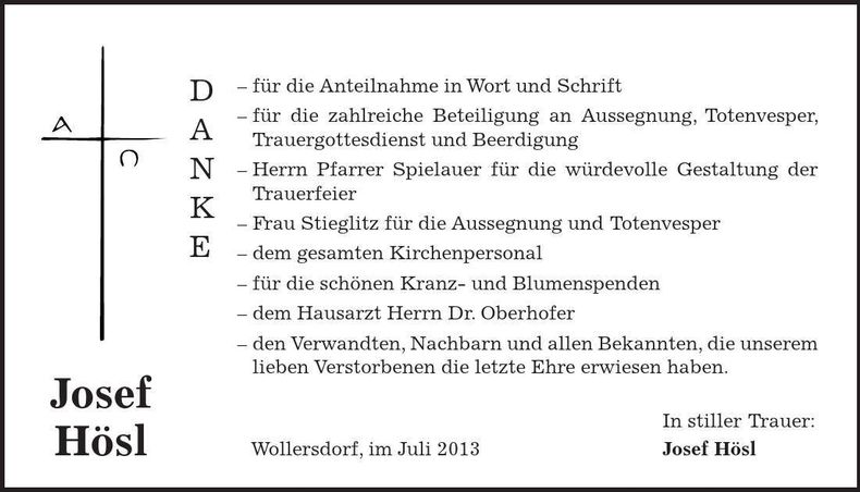 Traueranzeige Josef Hösl