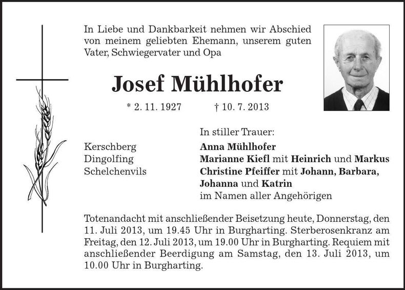 Traueranzeige Josef Mühlhofer