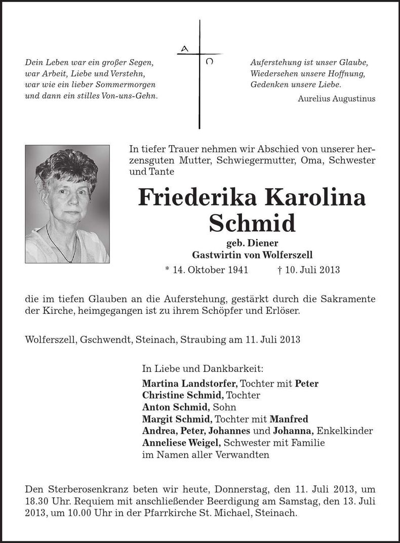Traueranzeige Friederika Karolina Schmid