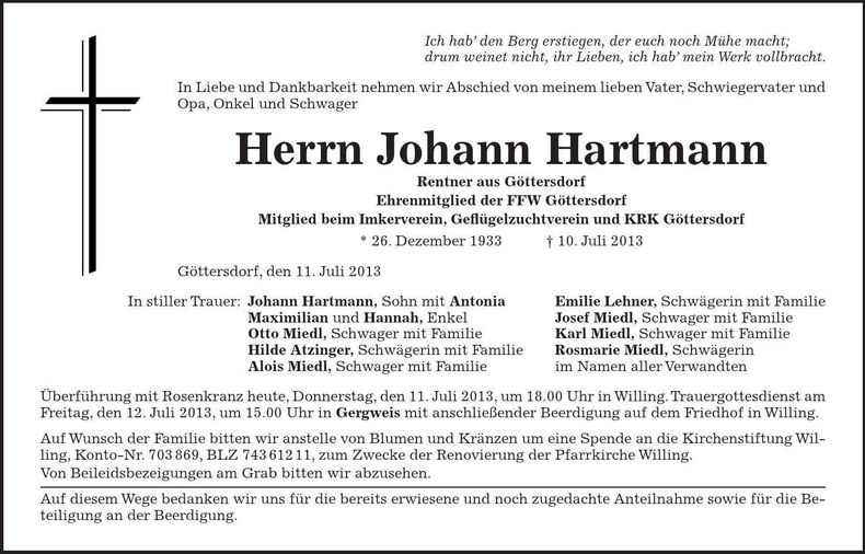 Traueranzeige Johann Hartmann
