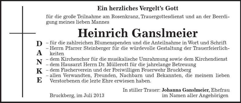 Traueranzeige Johanna Ganslmeier