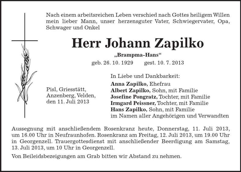 Traueranzeige Johann Zapilko