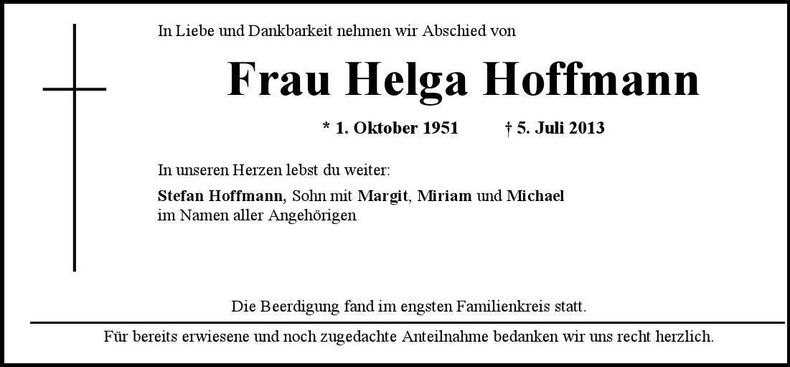 Traueranzeige Helga Hoffmann
