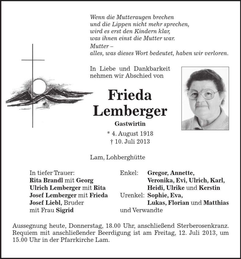 Traueranzeige Frieda Lemberger