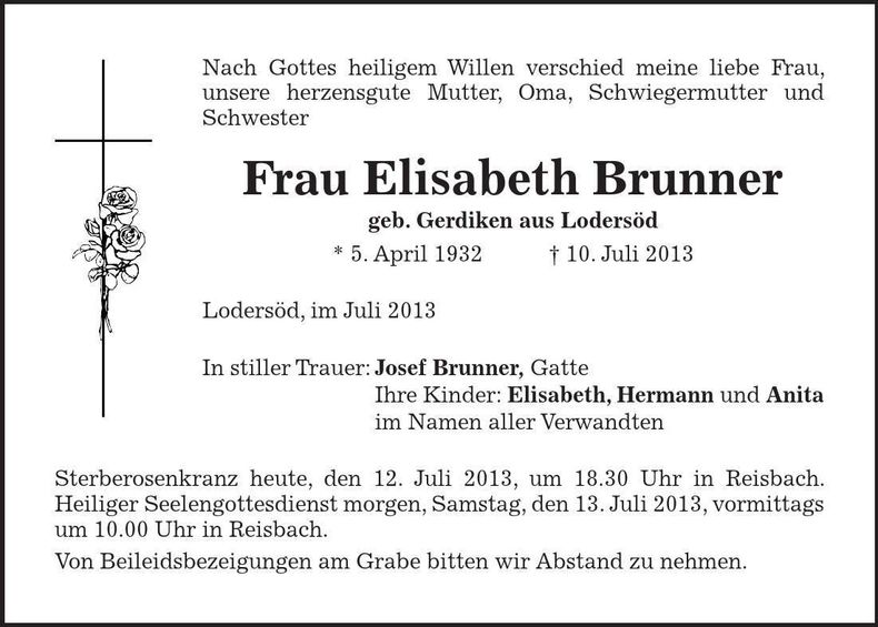 Traueranzeige Elisabeth Brunner