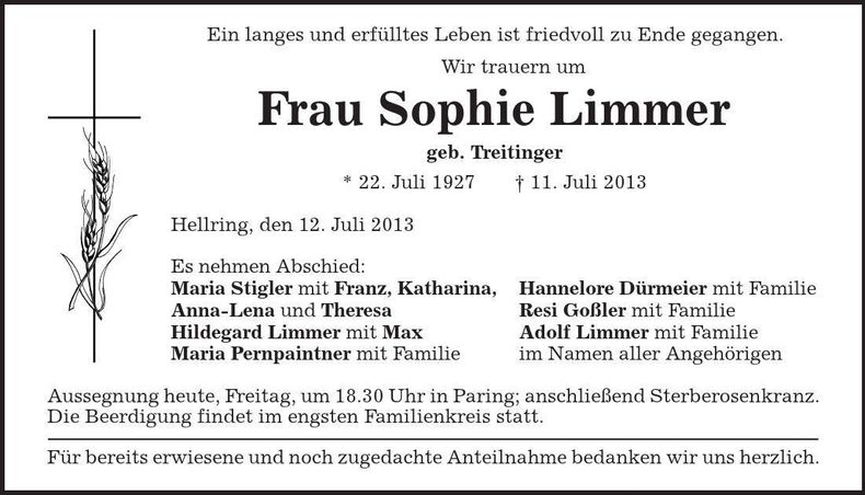 Traueranzeige Sophie Limmer