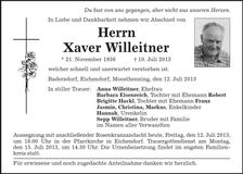 Traueranzeige Xaver Willeitner