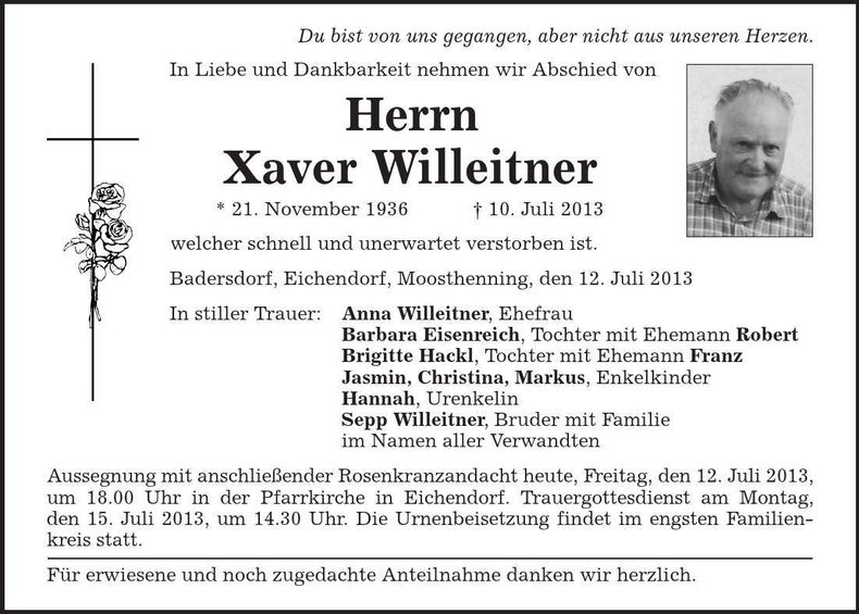 Traueranzeige Xaver Willeitner
