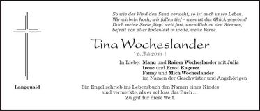Traueranzeige Tina Wocheslander