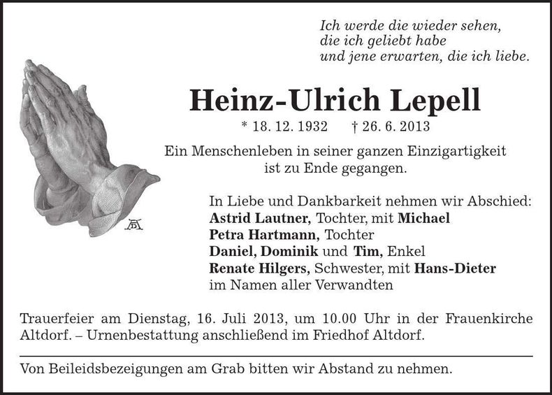 Traueranzeige Heinz-Ulrich Lepell