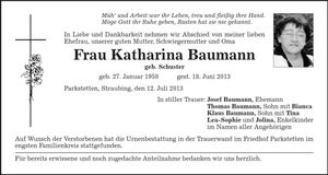 Traueranzeige Katharina Baumann
