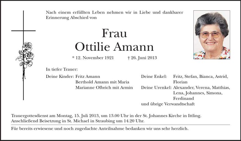 Traueranzeige Ottilie Amann