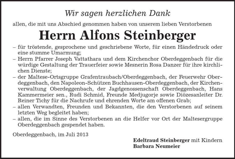 Traueranzeige Alfons Steinberger
