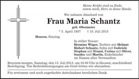 Traueranzeige Maria Schantz