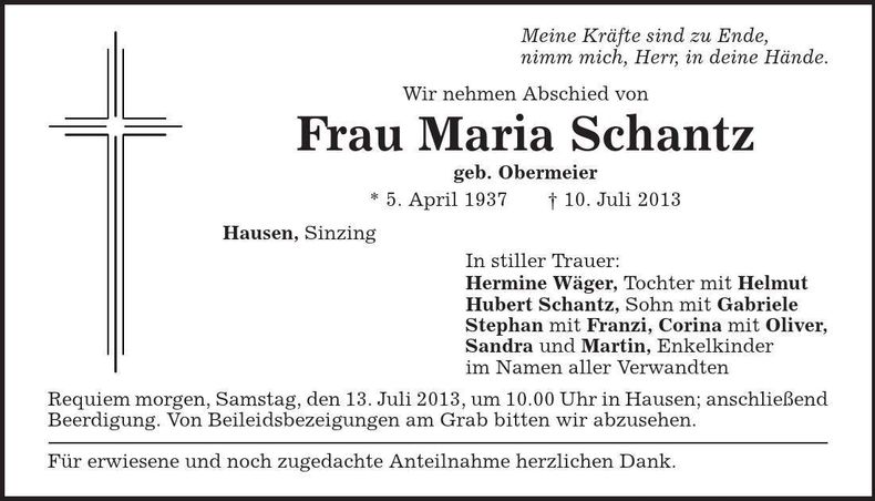 Traueranzeige Maria Schantz
