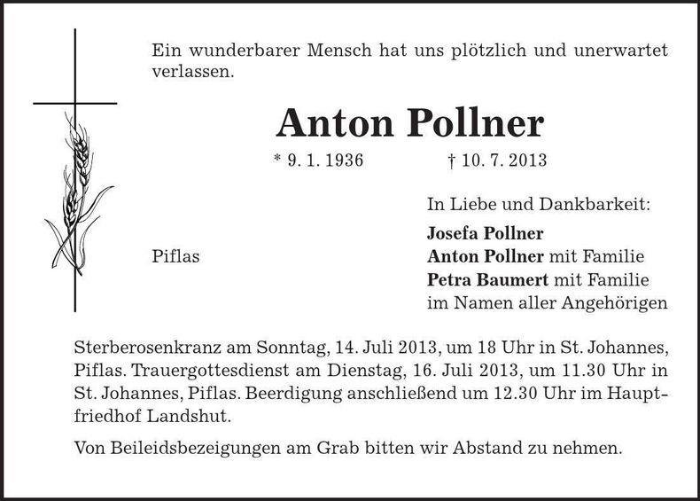 Traueranzeige Anton Pollner